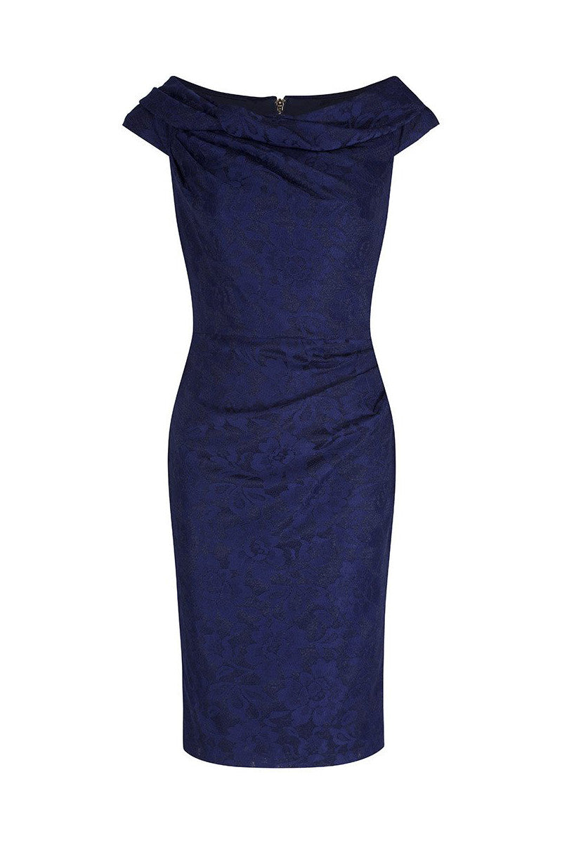Navy Blue Vintage Lace Bardot Wiggle Pencil Dress - Pretty Kitty Fashion