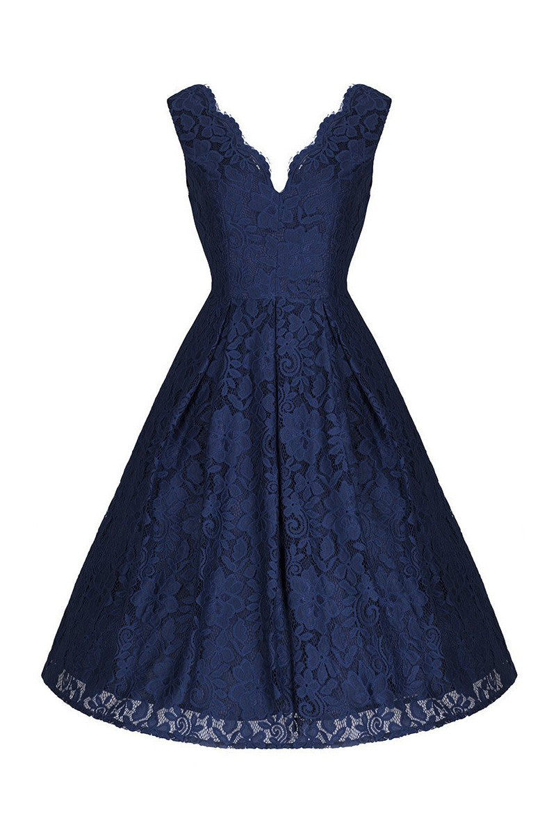 Jolie Moi Vintage Navy Blue Embroidered Lace Swing Dress - Pretty Kitty Fashion