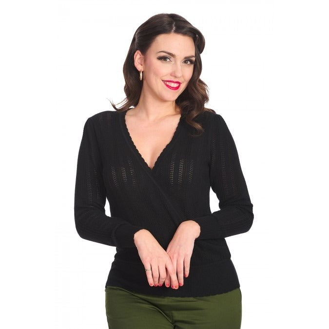 Black Vintage Long Sleeve Knitted Wrap Effect Top