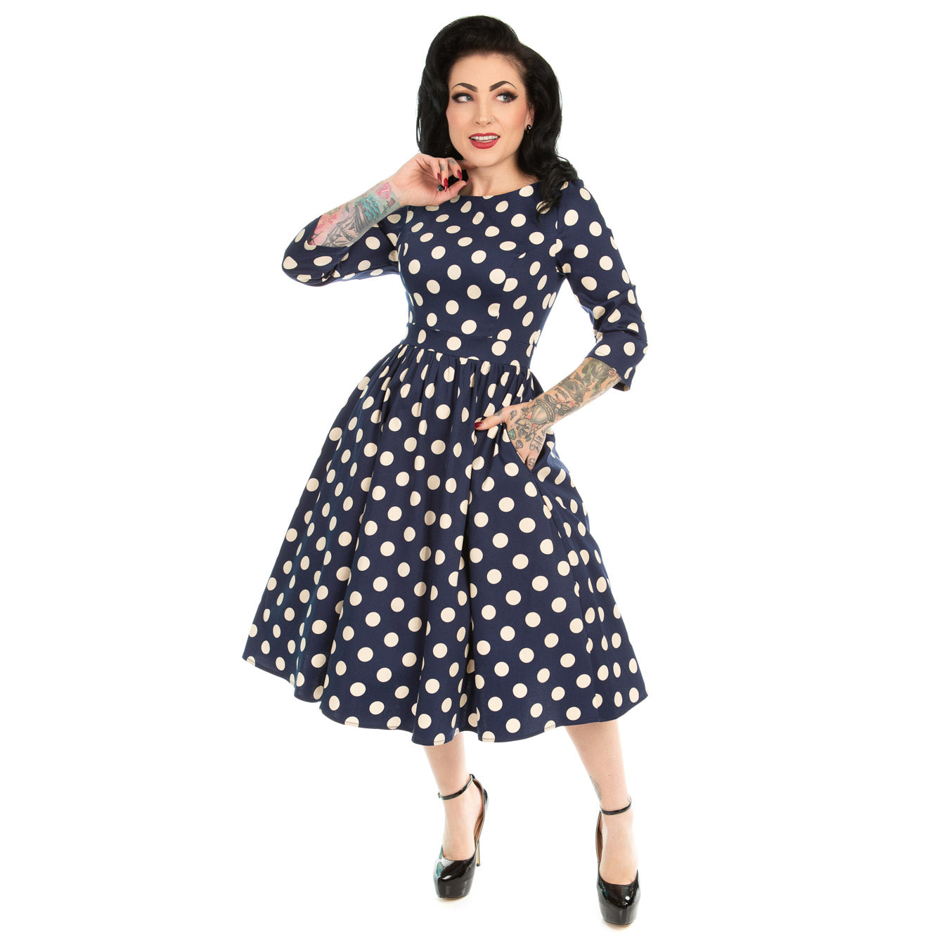 Blue And White Cream Polka Dot Vintage 50s 3/4 Sleeve Swing Tea Dress - Pretty Kitty Fashion