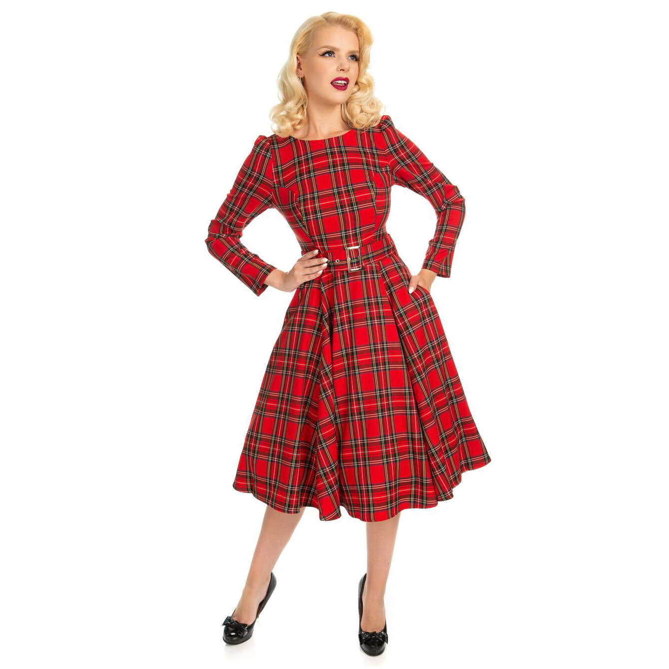 Red Tartan Long Sleeve Boat Neck 50s Swing Rockabilly Dress - Pretty Kitty Fashion