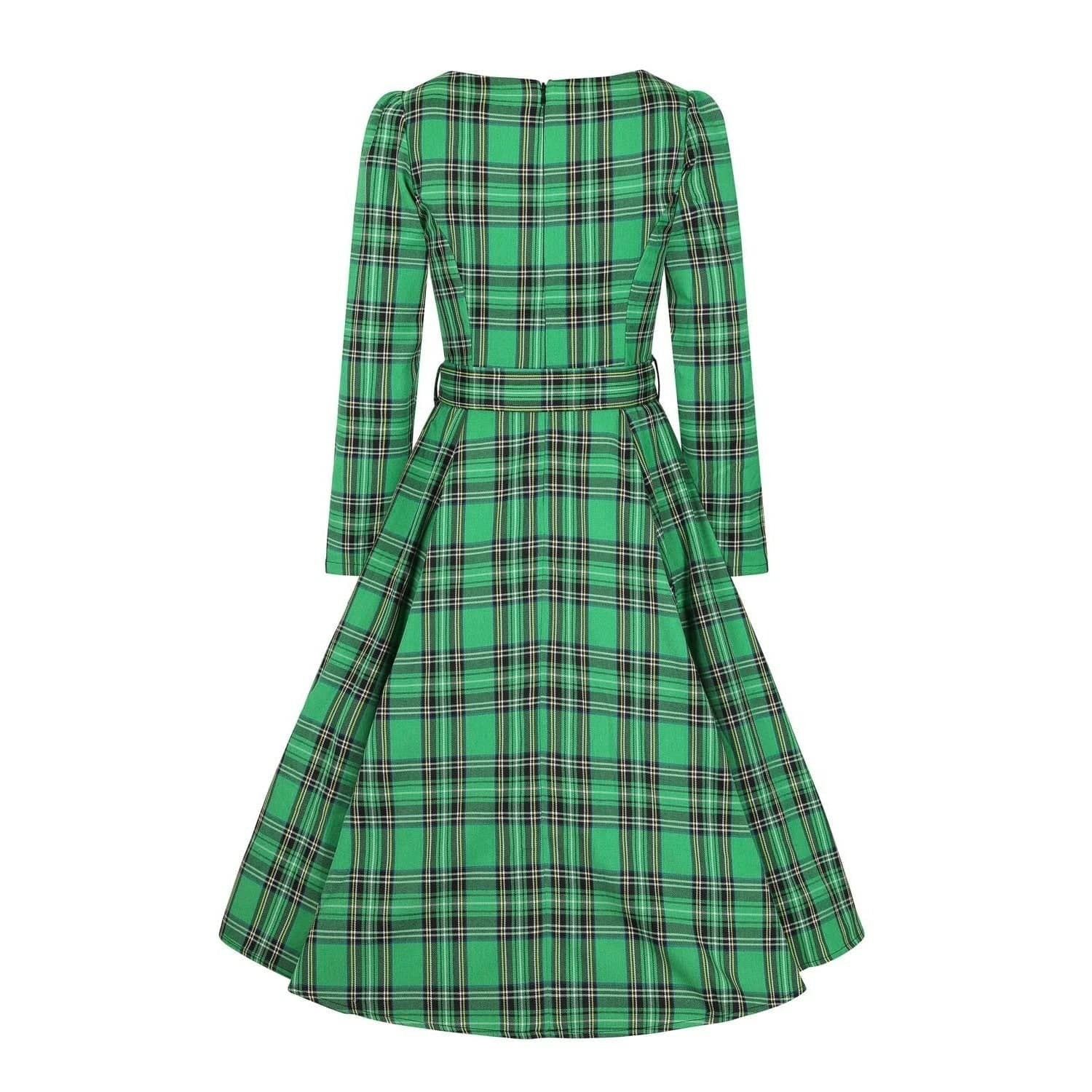 Green Tartan Long Sleeve Burns Night & Rockabilly Style Swing Dress