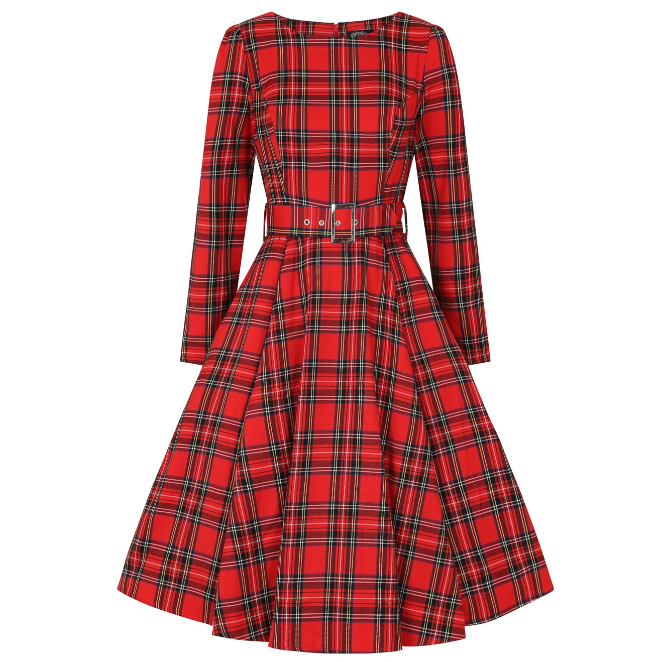 Red Tartan Long Sleeve Boat Neck 50s Swing Rockabilly Dress - Pretty Kitty Fashion