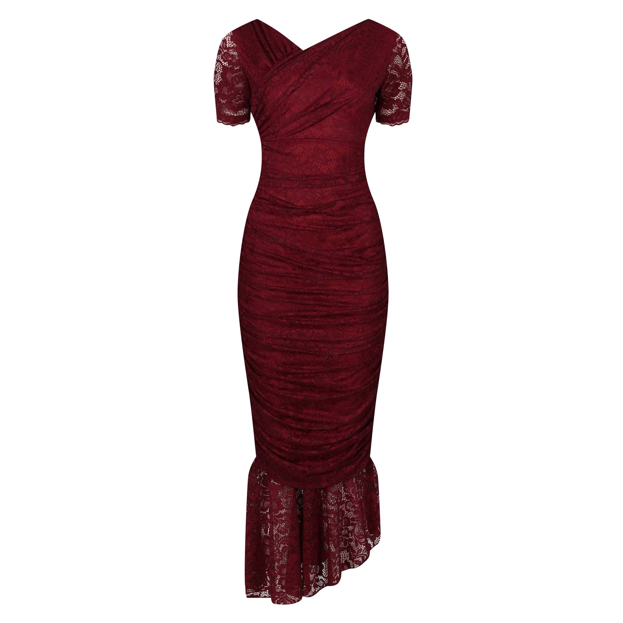 Burgundy Red Ruched Lace Maxi Dress