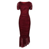 Burgundy Red Ruched Lace Maxi Dress