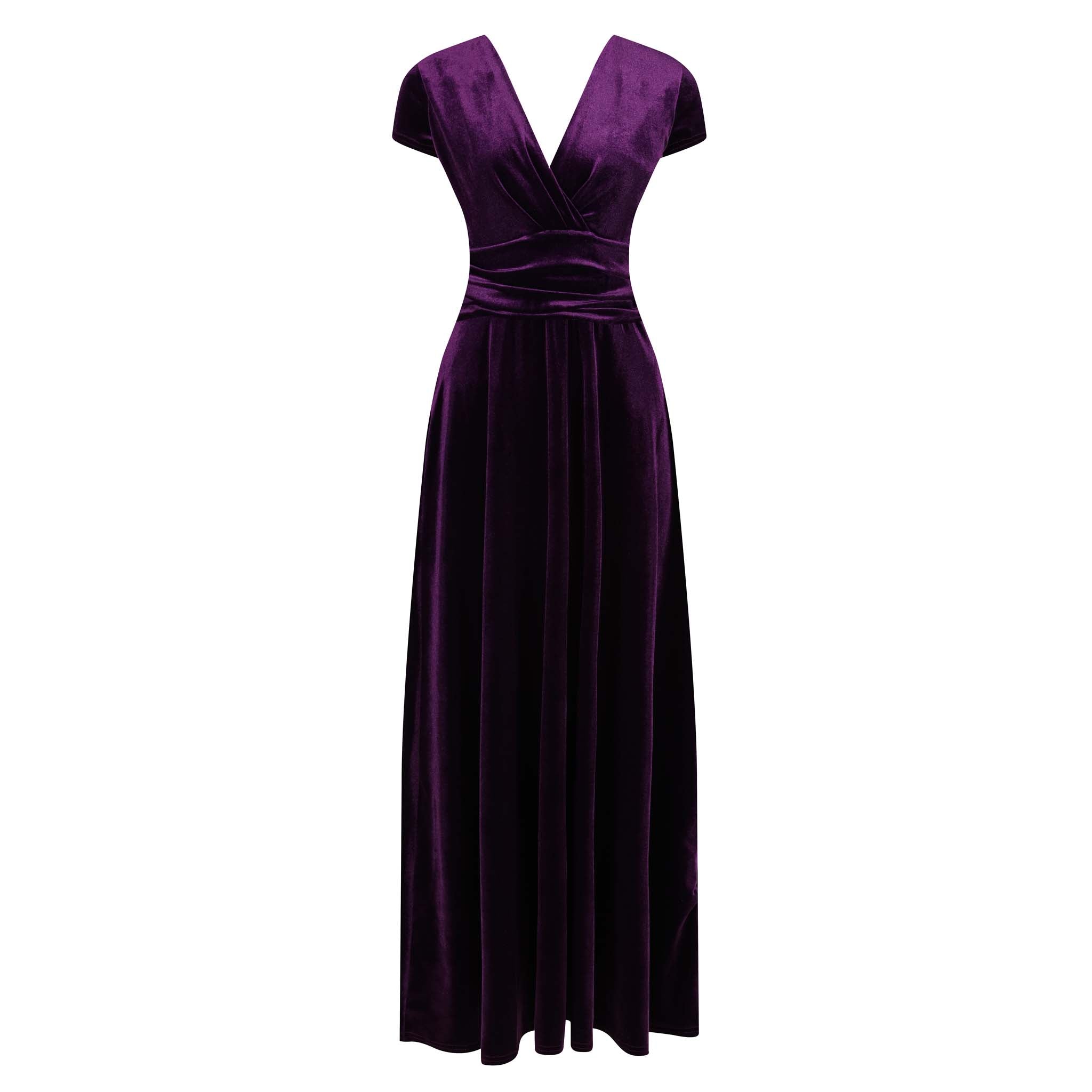 Purple Velour V Neck Cap Sleeve Maxi Dress