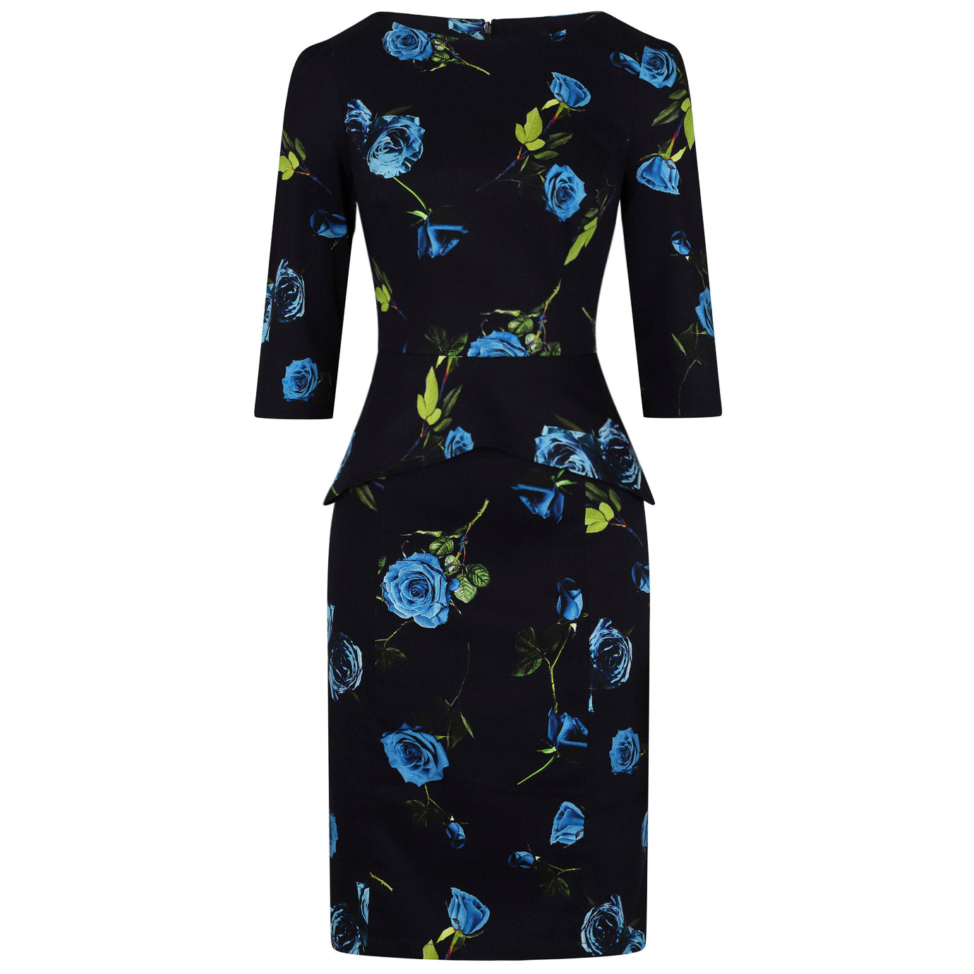 Navy Blue Floral Print 3/4 Sleeve Peplum Pencil Wiggle Dress - Pretty Kitty Fashion