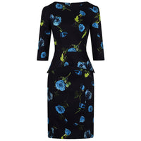 Navy Blue Floral Print 3/4 Sleeve Peplum Pencil Wiggle Dress - Pretty Kitty Fashion