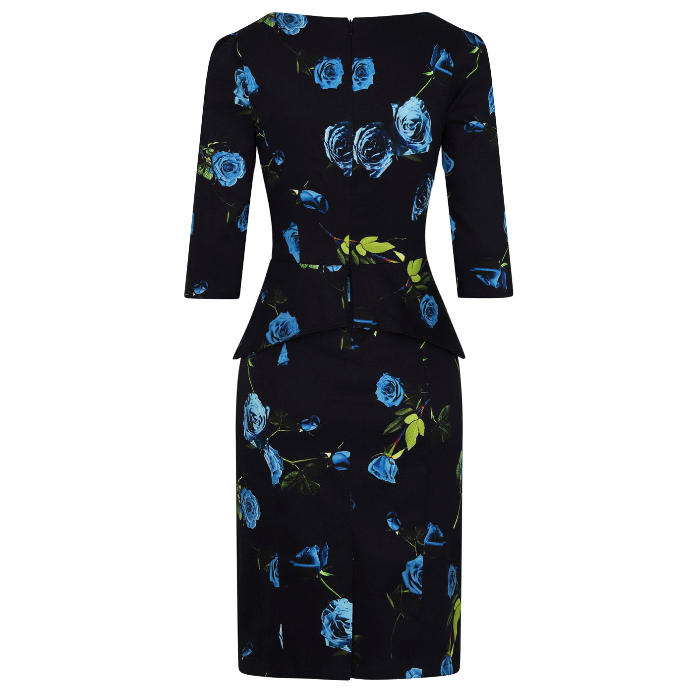Navy Blue Floral Print 3/4 Sleeve Peplum Pencil Wiggle Dress - Pretty Kitty Fashion