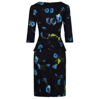 Navy Blue Floral Print 3/4 Sleeve Peplum Pencil Wiggle Dress - Pretty Kitty Fashion
