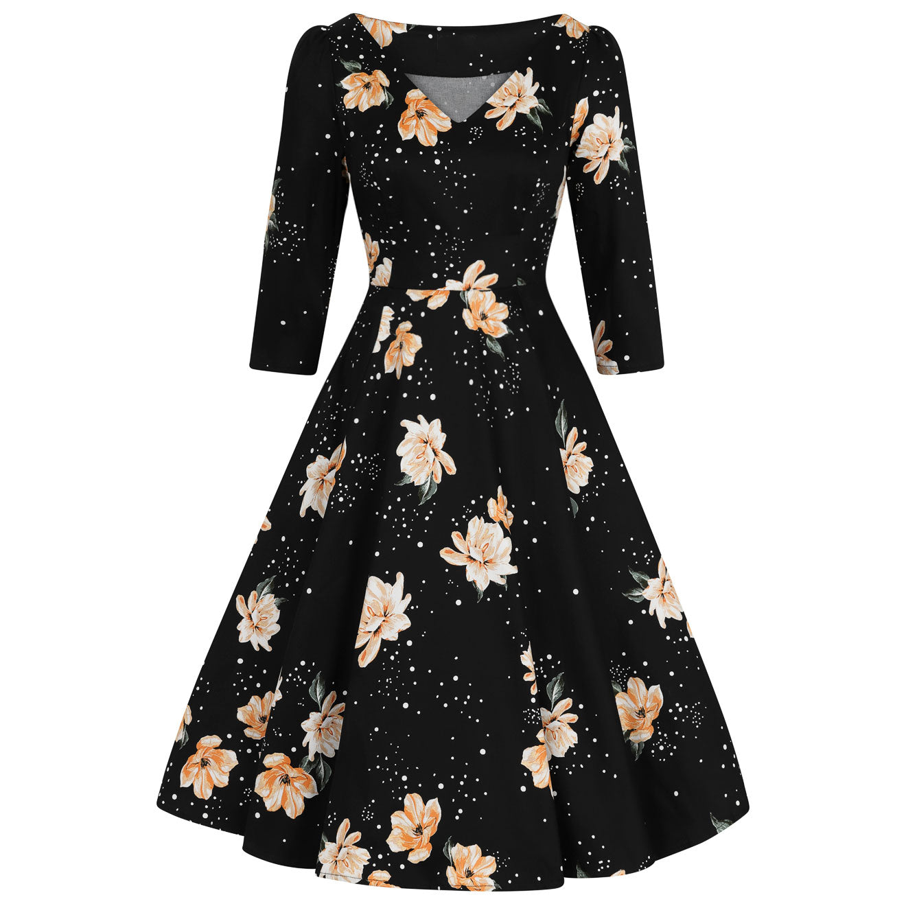 Black Floral Stardust 3/4 Sleeve Vintage Swing Dress - Pretty Kitty Fashion