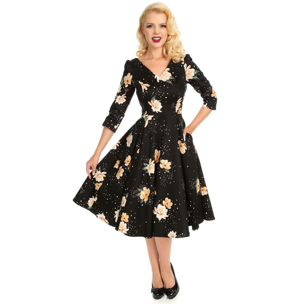 Black Floral Stardust 3/4 Sleeve Vintage Swing Dress - Pretty Kitty Fashion