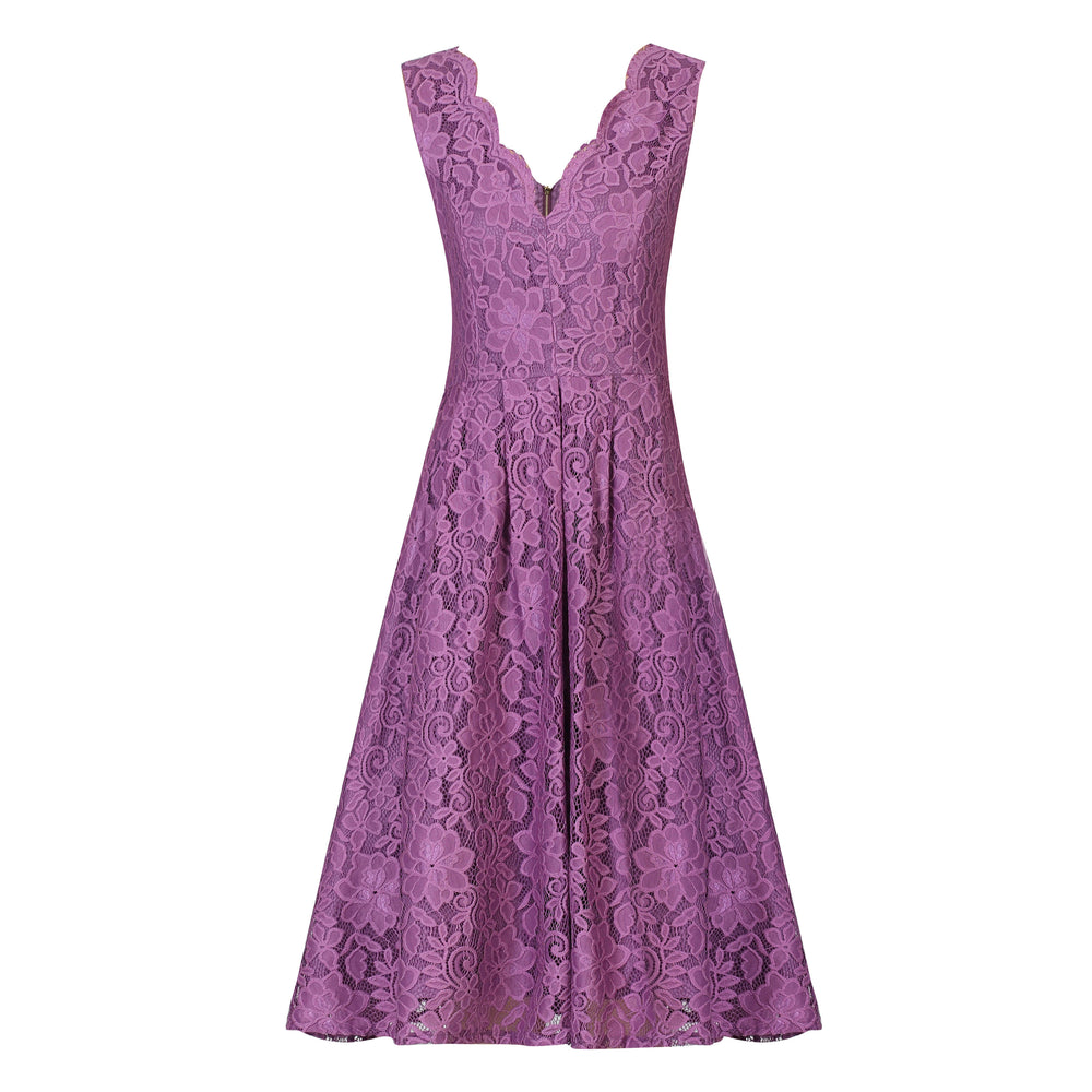 Jolie Moi Dark Mauve Purple Embroidered Lace Sleeveless V Neck 50s Swing Dress - Pretty Kitty Fashion