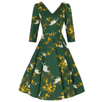 Green Blossom Bird Print Vintage 3/4 Sleeve Retro Tea Swing Dress - Pretty Kitty Fashion