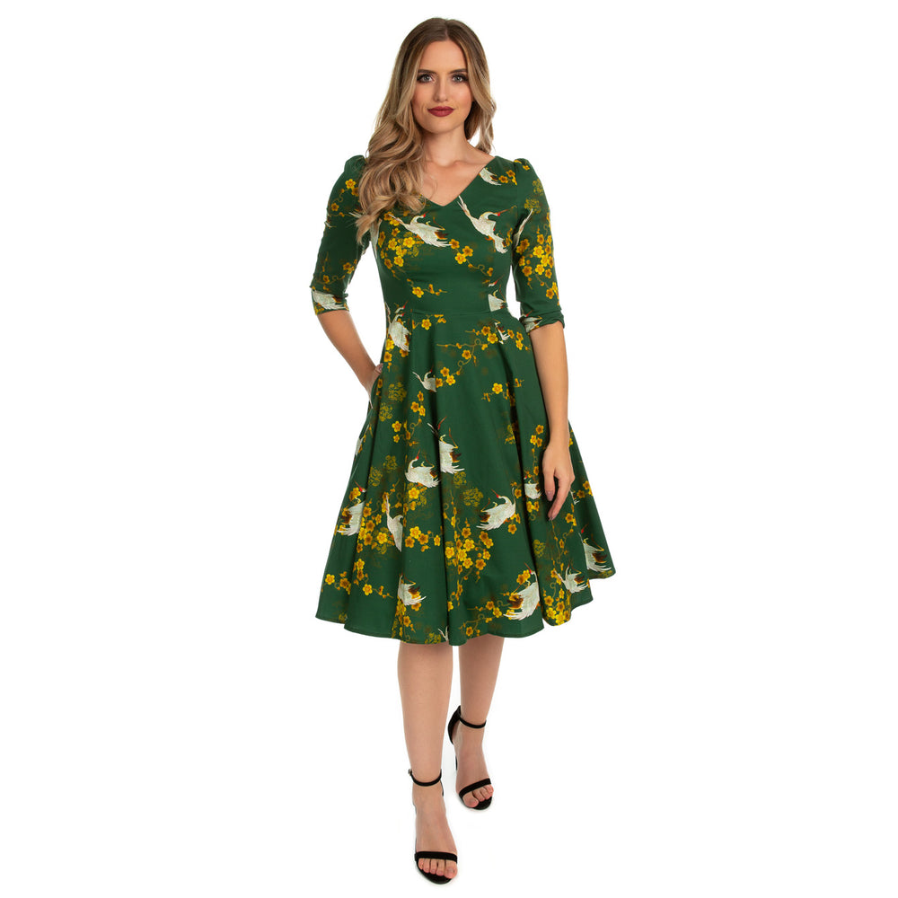 Green Blossom Bird Print Vintage 3/4 Sleeve Retro Tea Swing Dress - Pretty Kitty Fashion