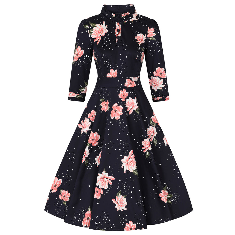 Navy Floral Stardust 3/4 Sleeve Vintage Swing Tea Dress - Pretty Kitty Fashion