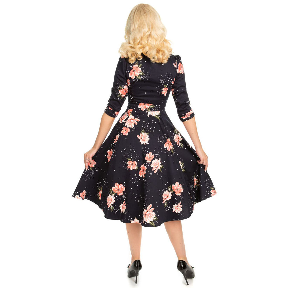 Navy Floral Stardust 3/4 Sleeve Vintage Swing Tea Dress - Pretty Kitty Fashion