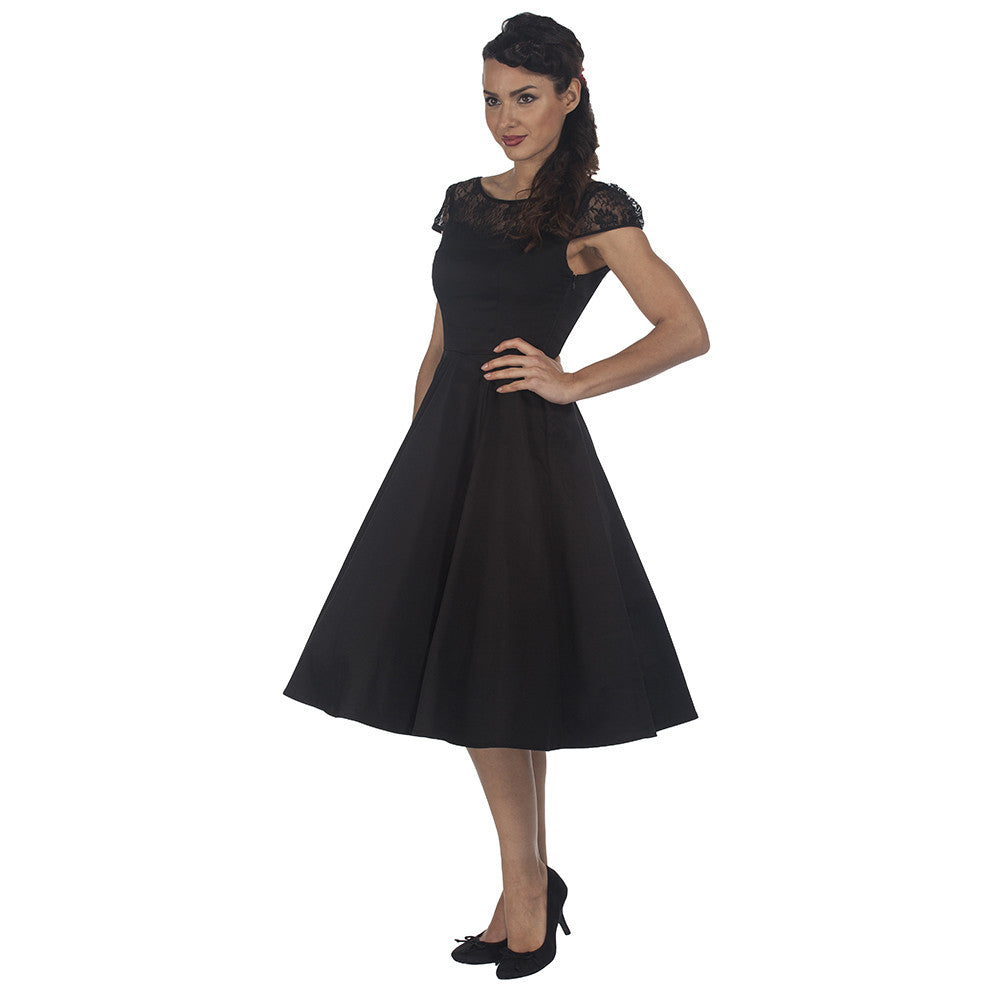 Black Cotton and Lace Rockabilly Cocktail Swing Dress - Pretty Kitty Fashion