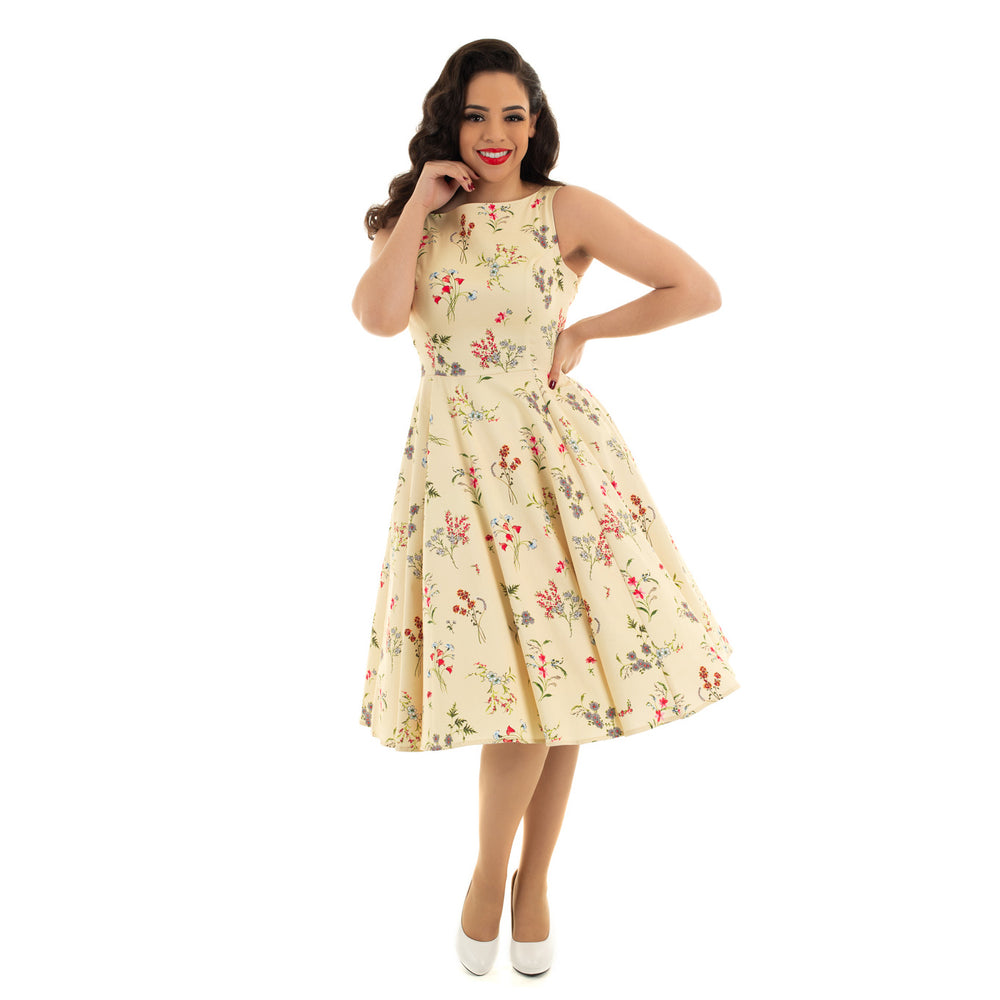 Pale Yellow Floral Print Audrey Swing Dress - Pretty Kitty Fashion