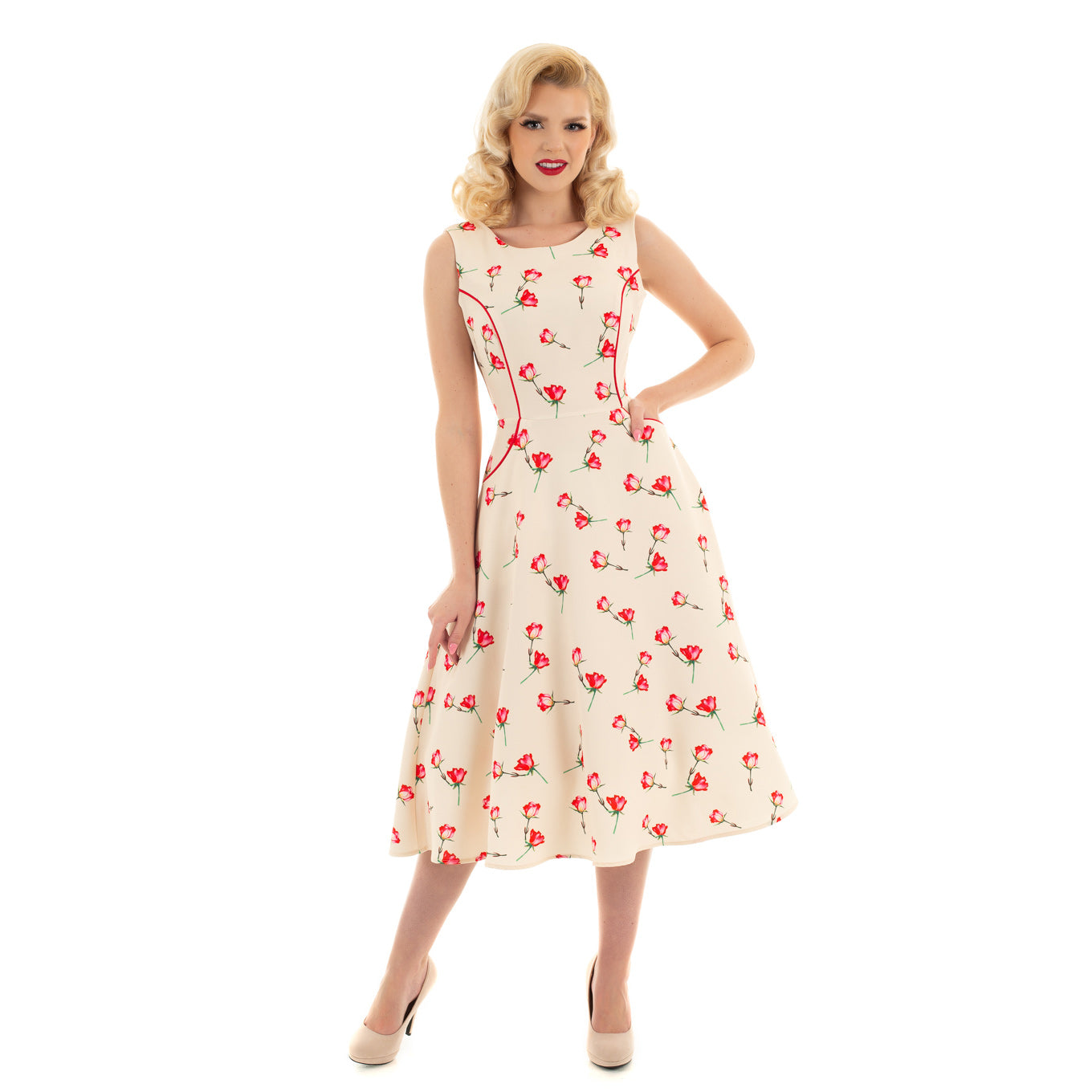 Off White Red Vintage Summer Rose Print Audrey Swing Dress - Pretty Kitty Fashion