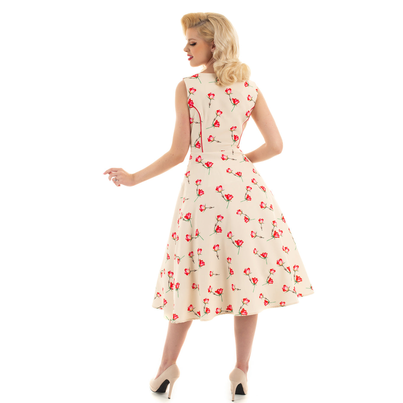 Off White Red Vintage Summer Rose Print Audrey Swing Dress - Pretty Kitty Fashion