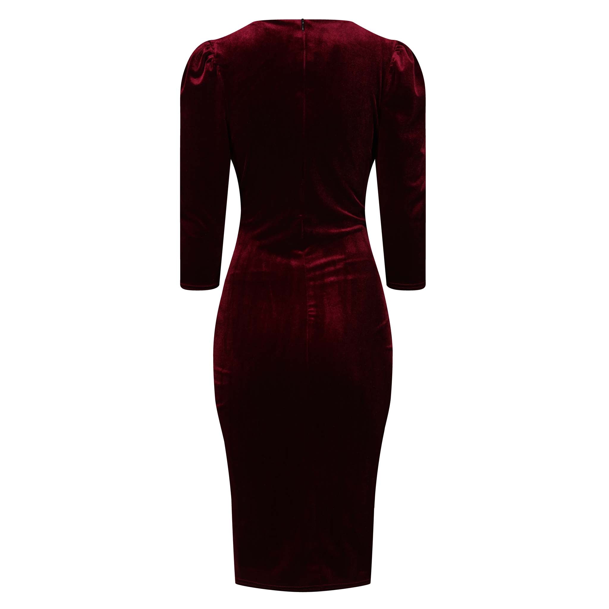 Claret Red Velour Wrapover 3/4 Sleeve Midi Dress