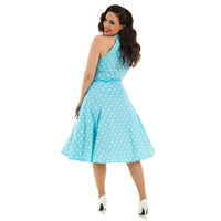Blue and White Polka Dot Halter Neck 50s Swing Dress - Pretty Kitty Fashion