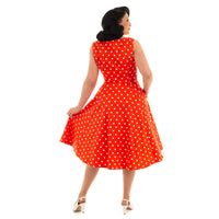 Red Orange And White Polka Dot 50s Audrey Swing Dress - Pretty Kitty Fashion