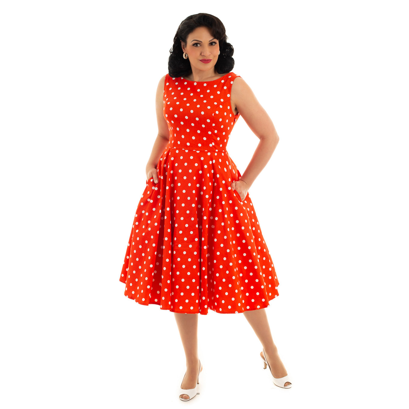 Red Orange And White Polka Dot 50s Audrey Swing Dress - Pretty Kitty Fashion