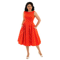 Red Orange And White Polka Dot 50s Audrey Swing Dress - Pretty Kitty Fashion