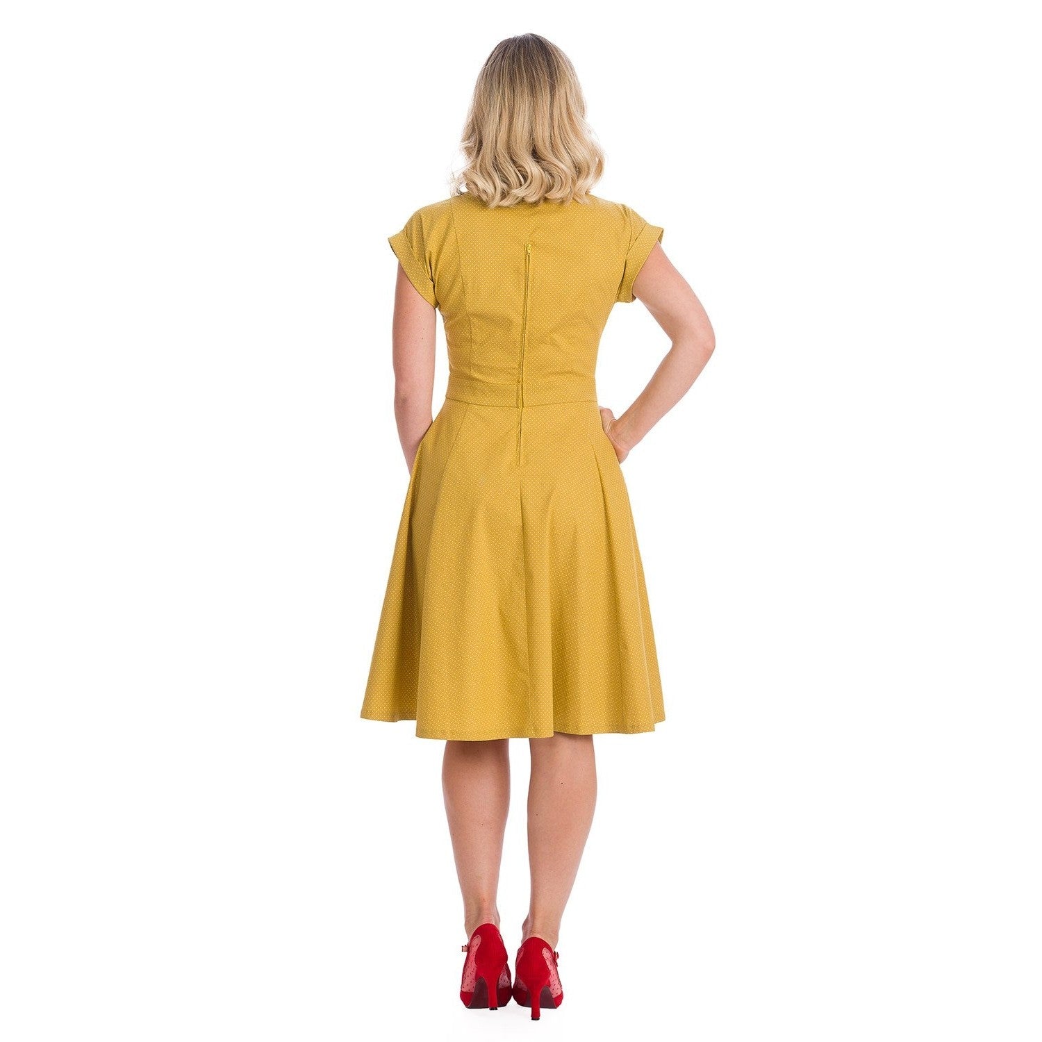 Mustard Yellow Polka Dot Fit & Flare Cap Sleeve Tea Dress