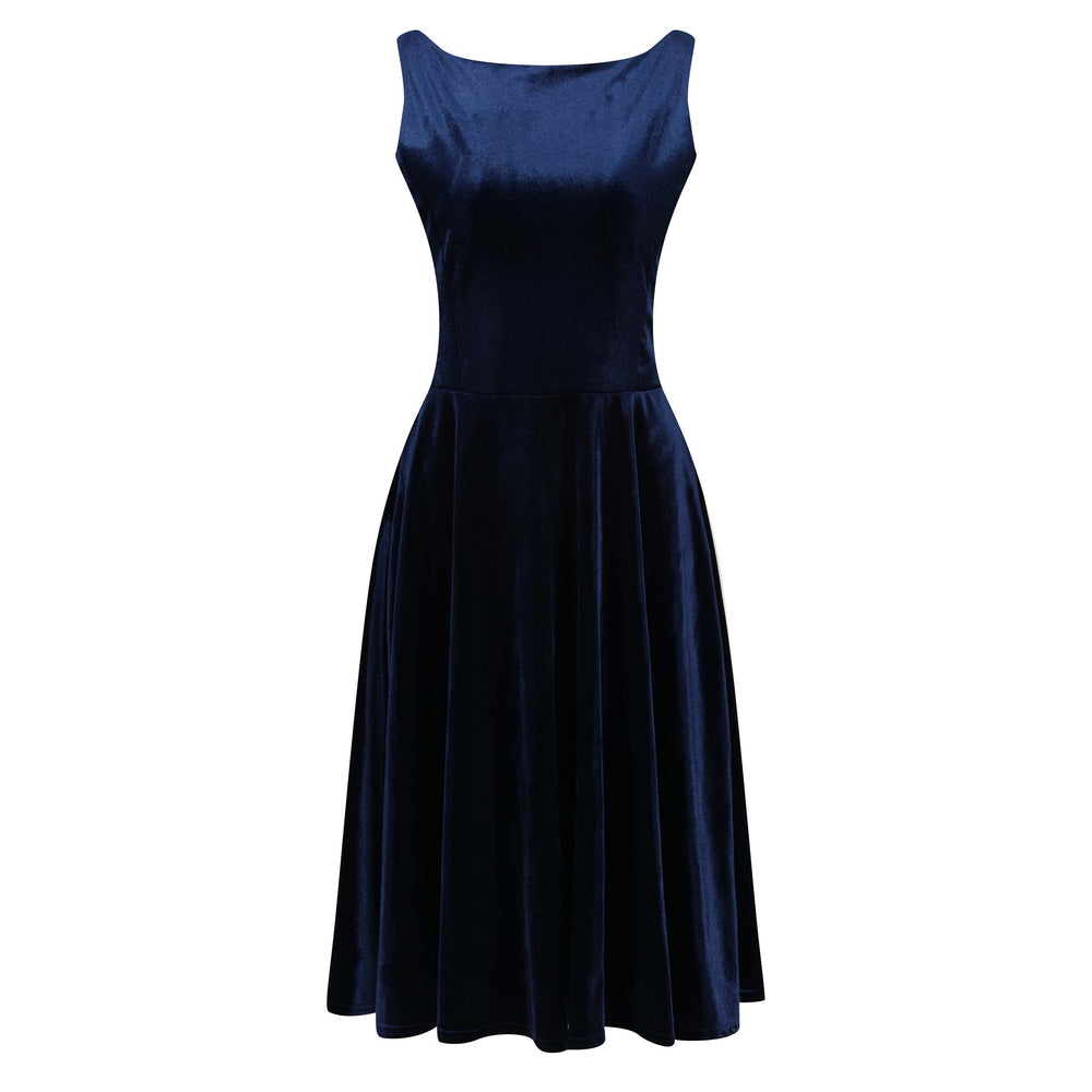 Navy Blue Velour Audrey Style 50s Swing Dress
