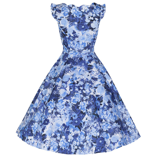 Blue Floral Frill Sleeve Cotton Swing 50s Dress - Pretty Kitty Fashion