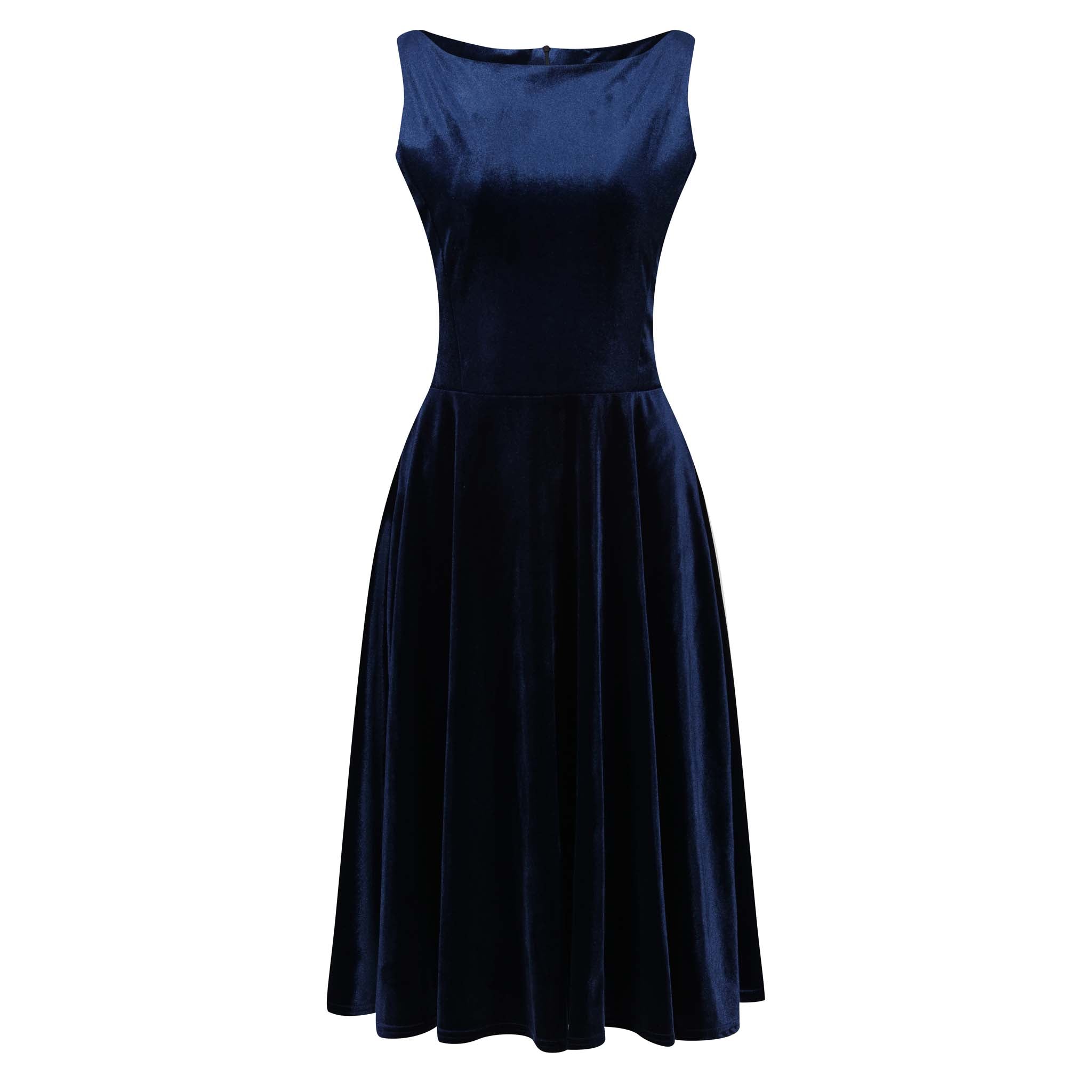 Navy Blue Velour Audrey Style 50s Swing Dress Pretty Kitty Fashion