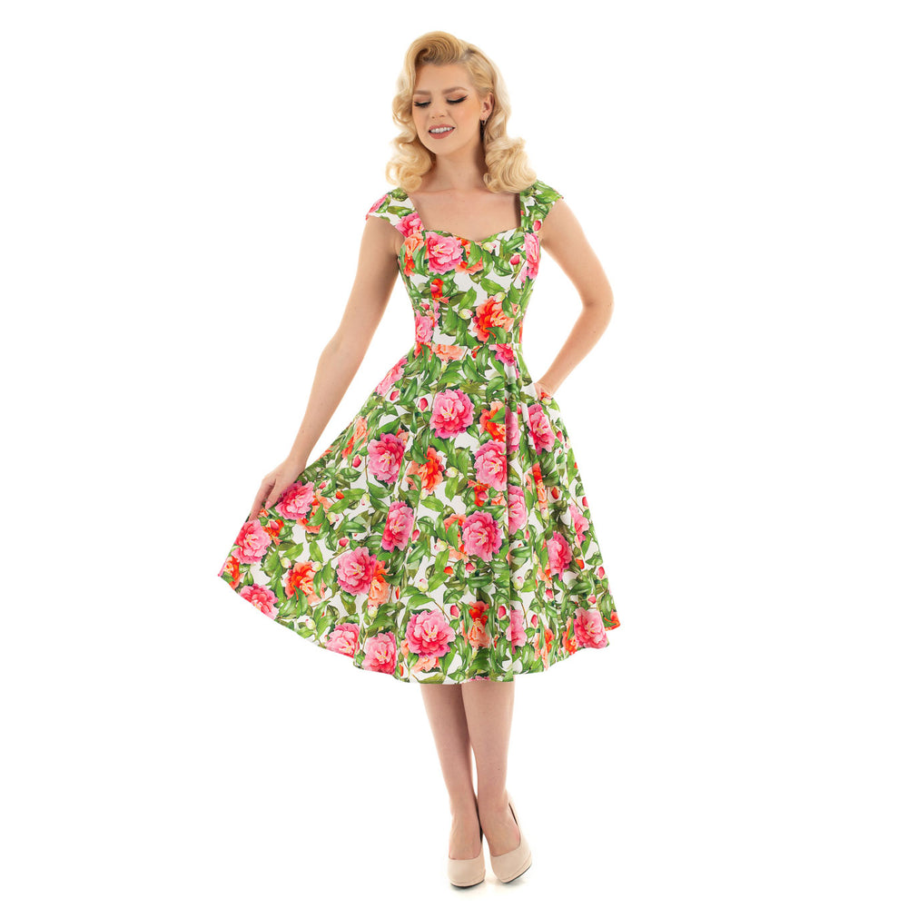 Green And Pink Floral Print 50s Swing Dress - Pretty Kitty Fashion