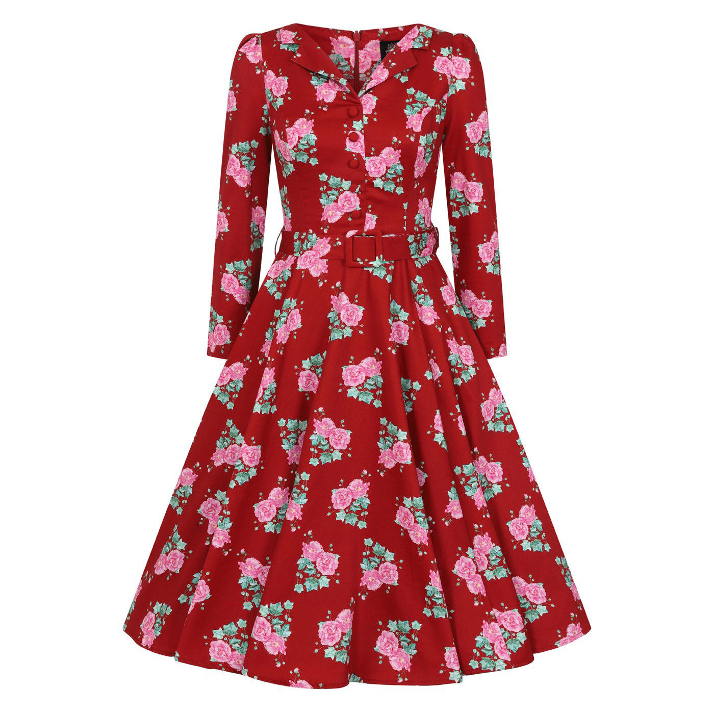 Red Floral 3/4 Sleeve Collar V Neck 50s Swing Tea Dress