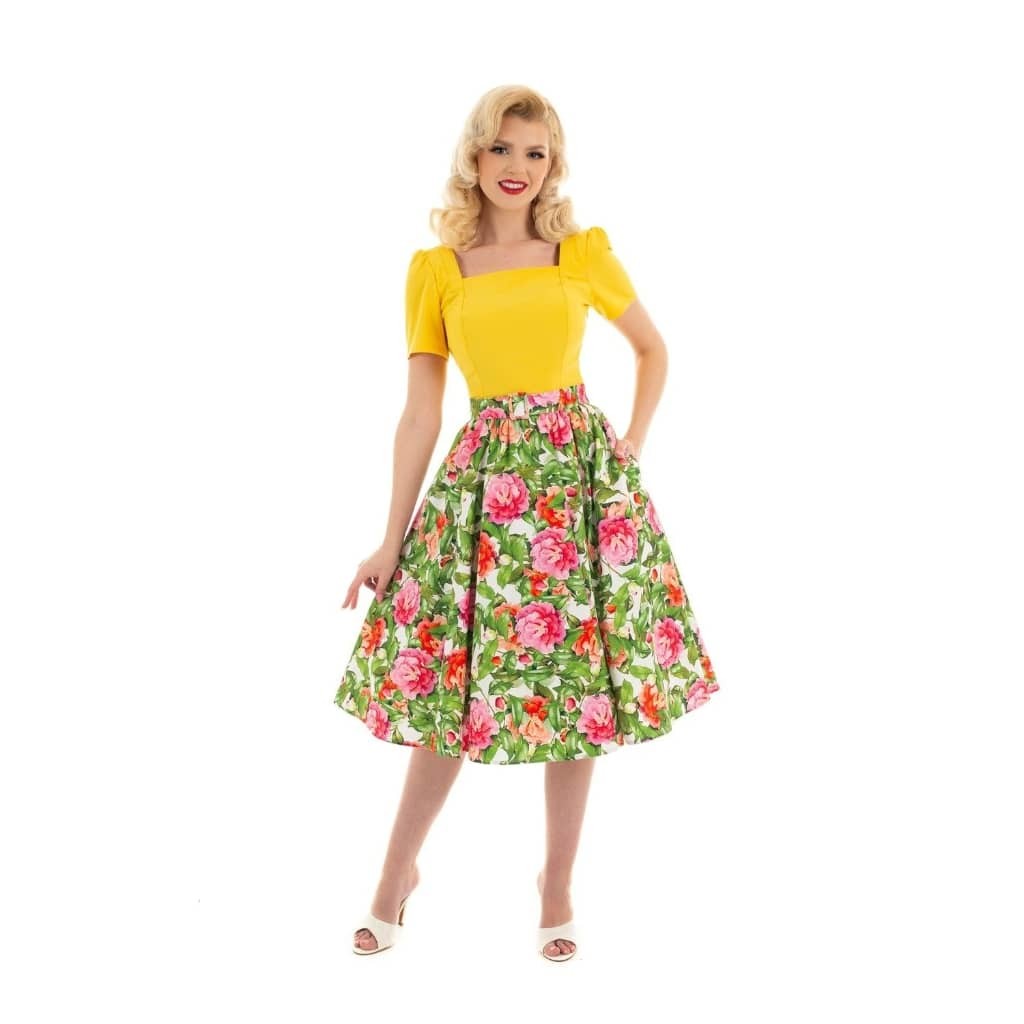 Pink And Green Floral Swing 1950s Rockabilly Skirt