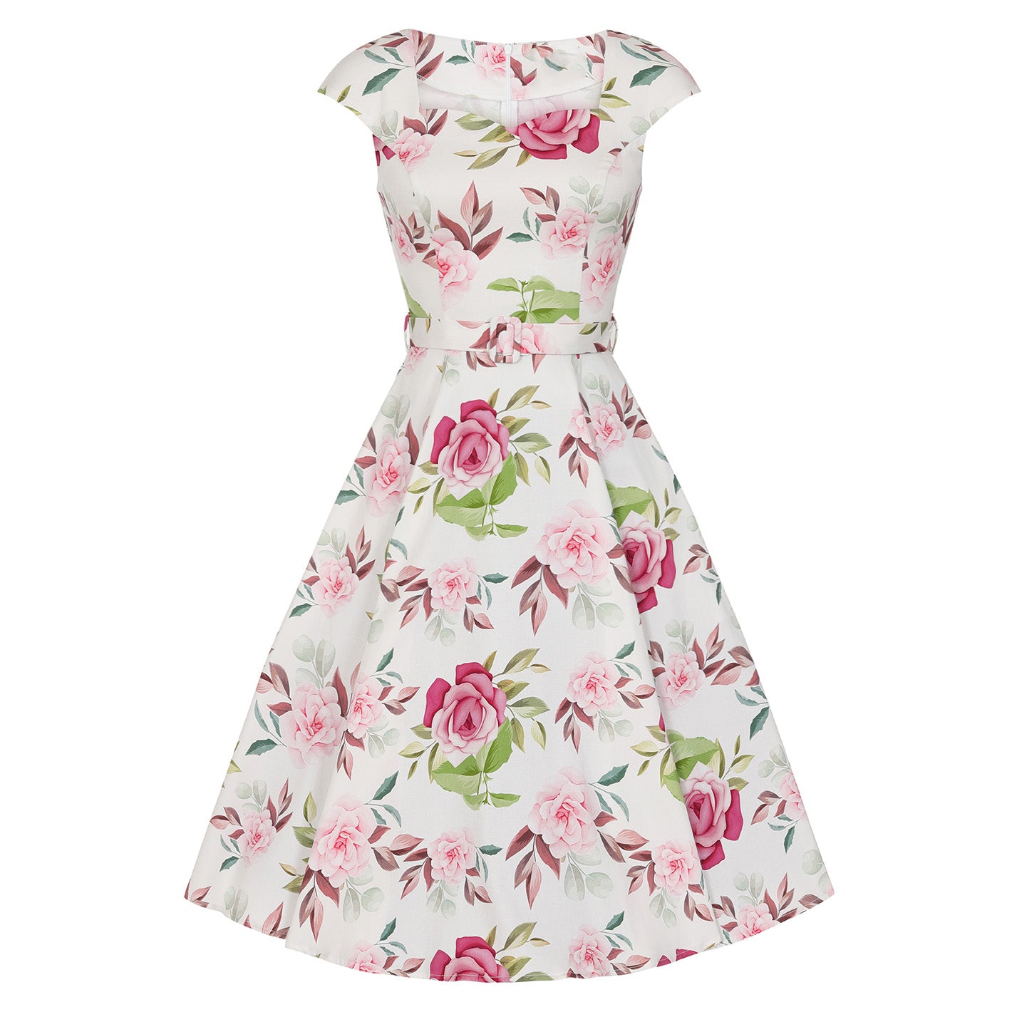 White & Pink Floral Cap Sleeve 50s Swing Dress
