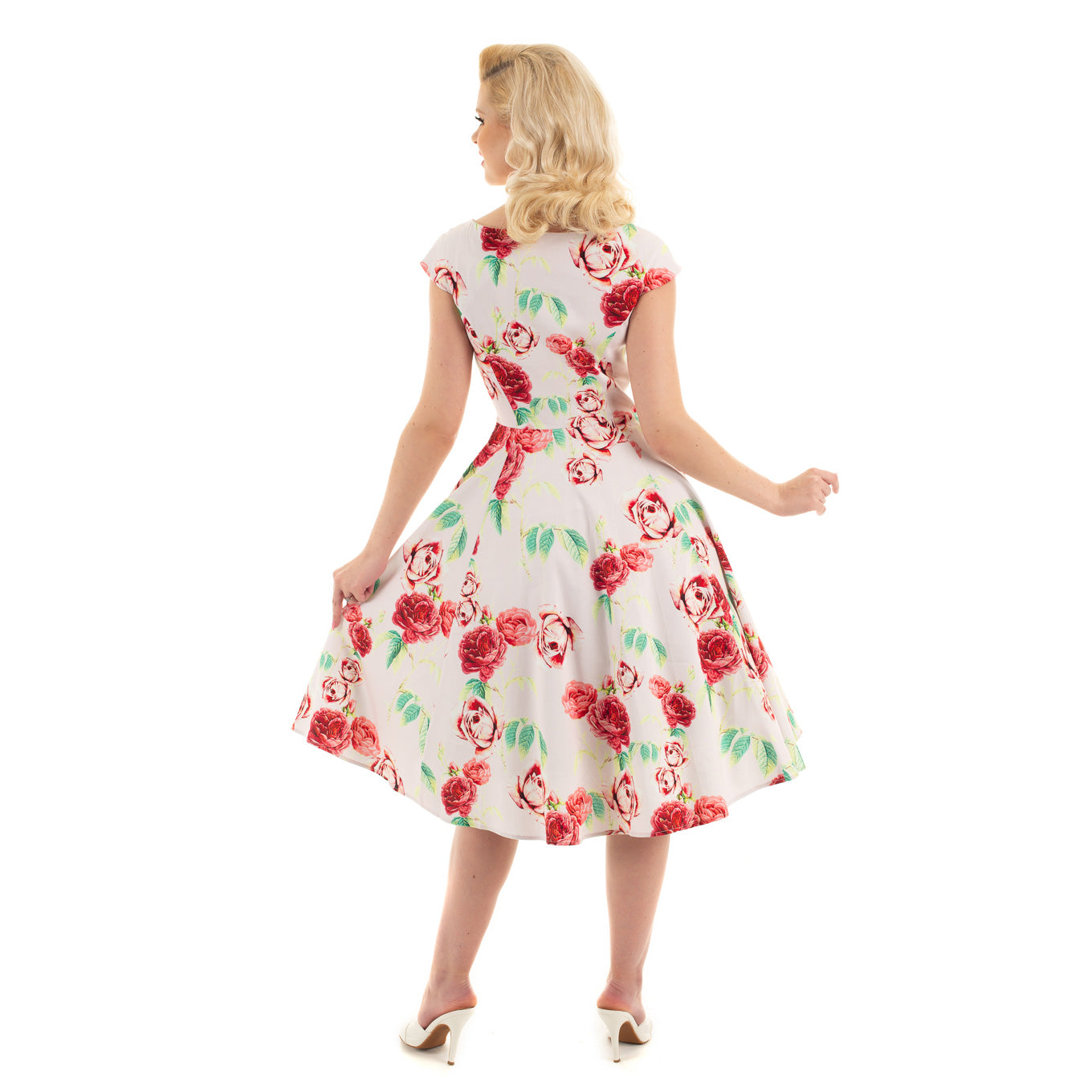 Off White Pink Vintage Floral 50s Summer Swing Dress