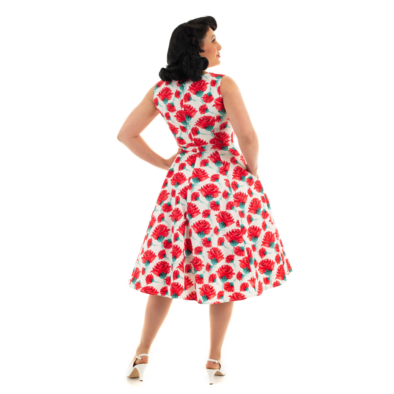 White And Red Rose Vintage V Neck Floral Print Swing Dress - Pretty Kitty Fashion