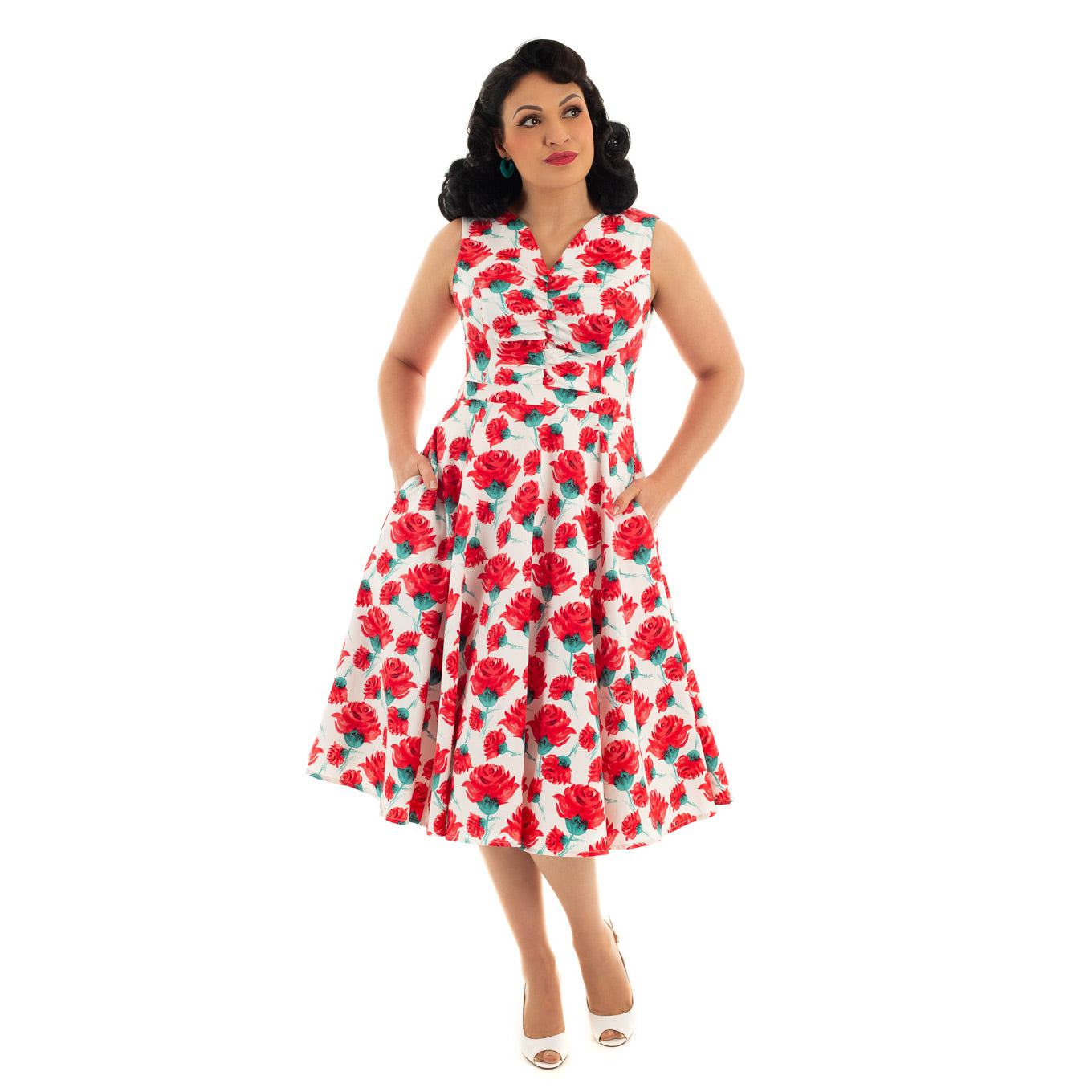 White And Red Rose Vintage V Neck Floral Print Swing Dress - Pretty Kitty Fashion