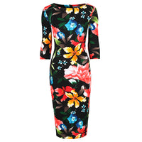 Black Floral Print 3/4 Sleeve Bodycon Pencil Wiggle Dress - Pretty Kitty Fashion