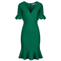 Emerald Green 1/2 Sleeve Fishtail Peplum Hem V Neck Bodycon Pencil Dress - Pretty Kitty Fashion