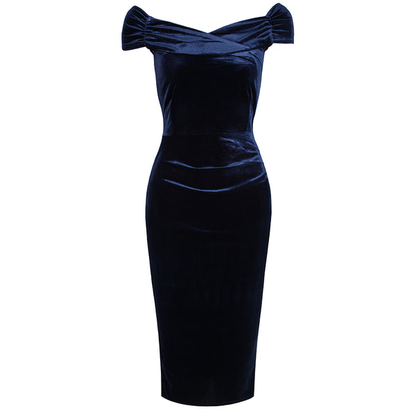Navy Blue Velour Cap Sleeve Crossover Top Bardot Wiggle Dress - Pretty ...