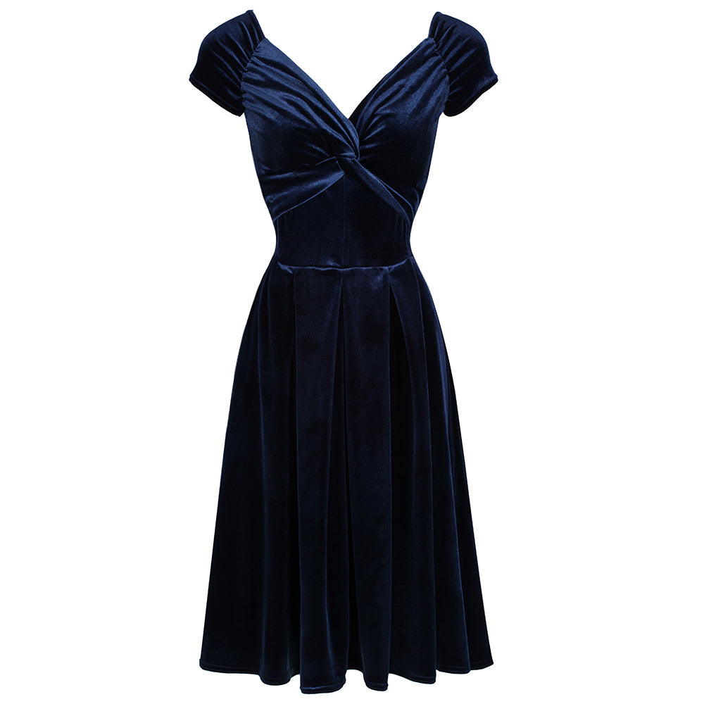 Navy Blue Velour Crossover Vintage Midi Party Dress - Pretty Kitty Fashion