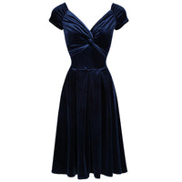 Navy Blue Velour Crossover Vintage Midi Party Dress - Pretty Kitty Fashion