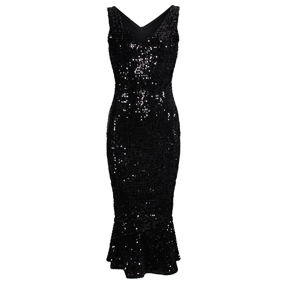 Black Sequin Sleeveless Peplum Hem Bodycon Wiggle Party Dress - Pretty Kitty Fashion