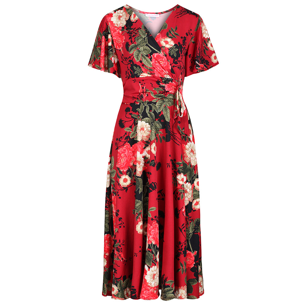 Red Wine Floral Print Cap Sleeve V Neck Wrap Top Swing Dress – Pretty ...