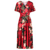 Red Wine Floral Print Cap Sleeve V Neck Wrap Top Swing Dress - Pretty Kitty Fashion