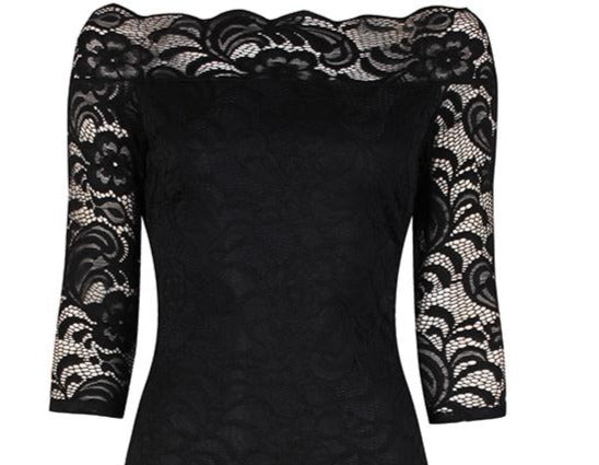 Black Lace 3 4 Sleeve Vintage Bardot Bodycon Wiggle Dress Pretty